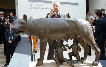 The original bronze "Lupa Capitolina" (she-wolf) symbol of Rome, with the eternal city's founders Romolo and Remo suckling from her teats, is inaugurated at an exhibition by then Mayor Walter Veltroni to celebrate the birthday of the city.