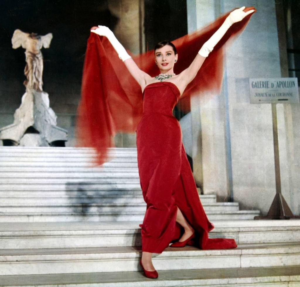 Audrey Hepburn wearing the iconic 'Victoire de Samothrace' gown by Givenchy in 'Funny Face'