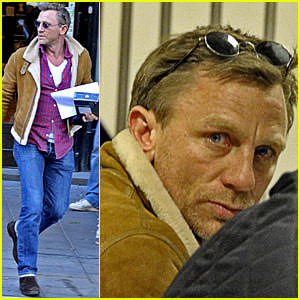 Actor Daniel Craig proves that he has swagger too in his sleek shearling while running around town in Sweden.