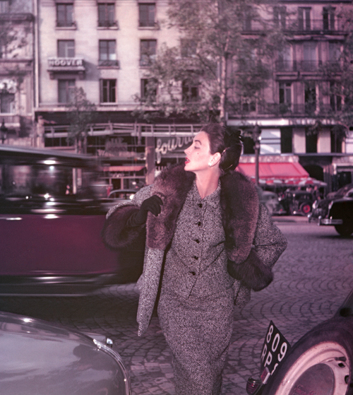 A 1953 ELLE shoot with Dorian Leigh on the Champs Elysees in Paris, for the winter collection of Lanvin Castillo. Photographed by by Georges Dambier.