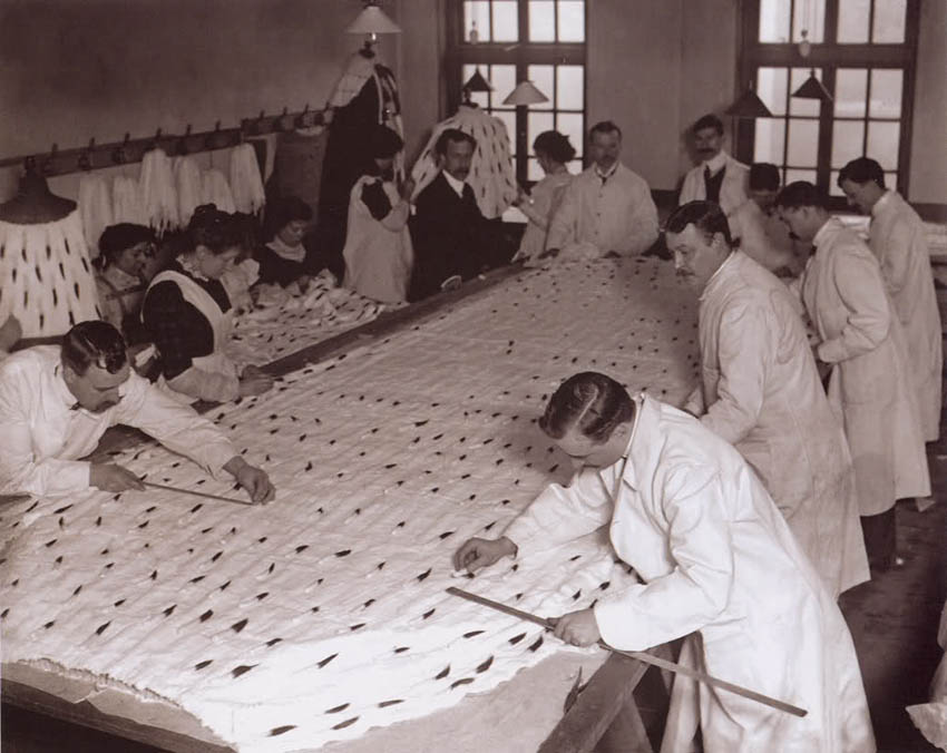 Making George V's coronation robe (Tailors working on the ermine coronation robes for the king and his queen) Making George V's coronation robe (Tailors working on the ermine coronation robes for the king and his queen)