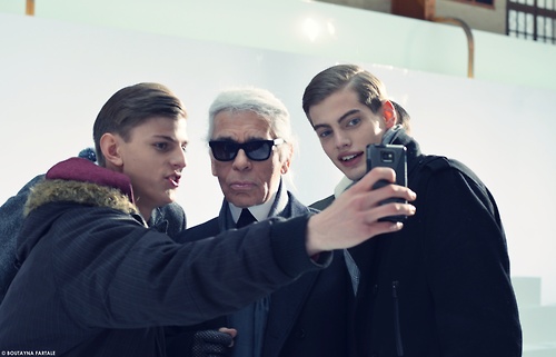 Elvis Jankus taking a selfie with Lagerfeld and Justus Einsfeld after Dior's Fall 2013:Winter 2014