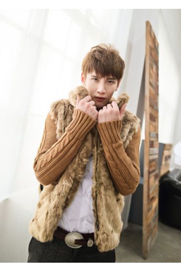 Fur cardigan sweater with cable knit sleeves
