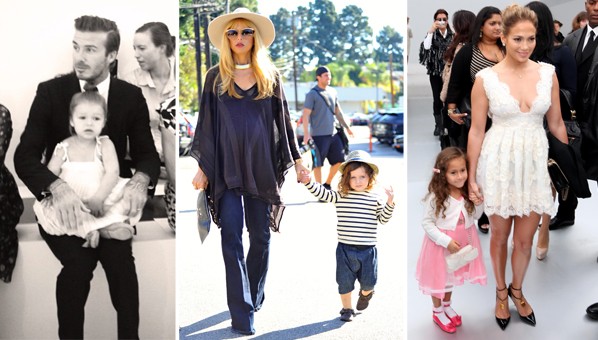Left to Right: David Beckham sits front-row with daughter Harper during his wife's fashion show; Stylist Rachel Zoe and son Skyler take a stoll in grand style; Jennifer Lopez and her daughter Emma make their rounds at Fashion Week