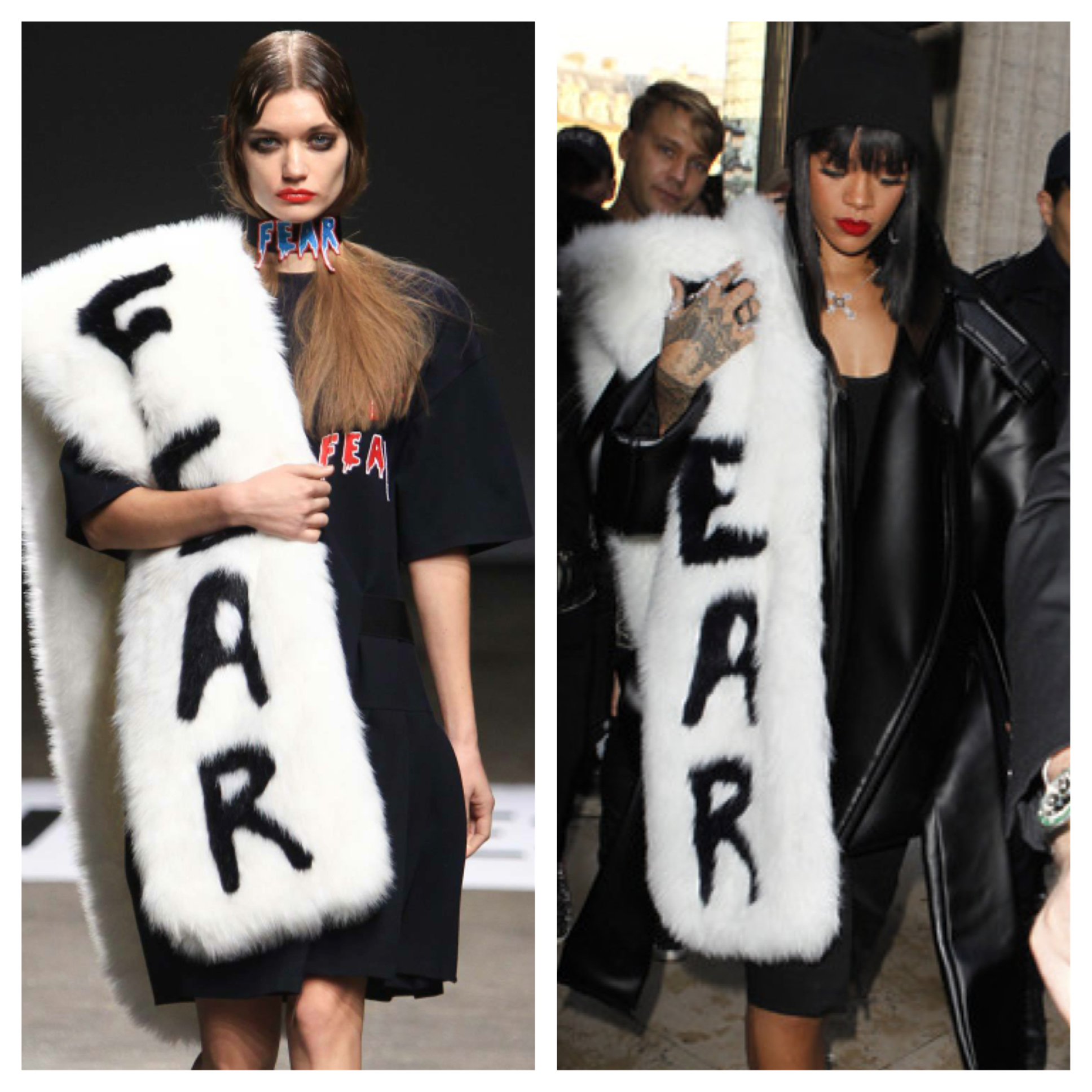 Rihanna rocked the VFiles Fall 2014 - Winter 2015 oversized fur scarf during Paris Fashion Week