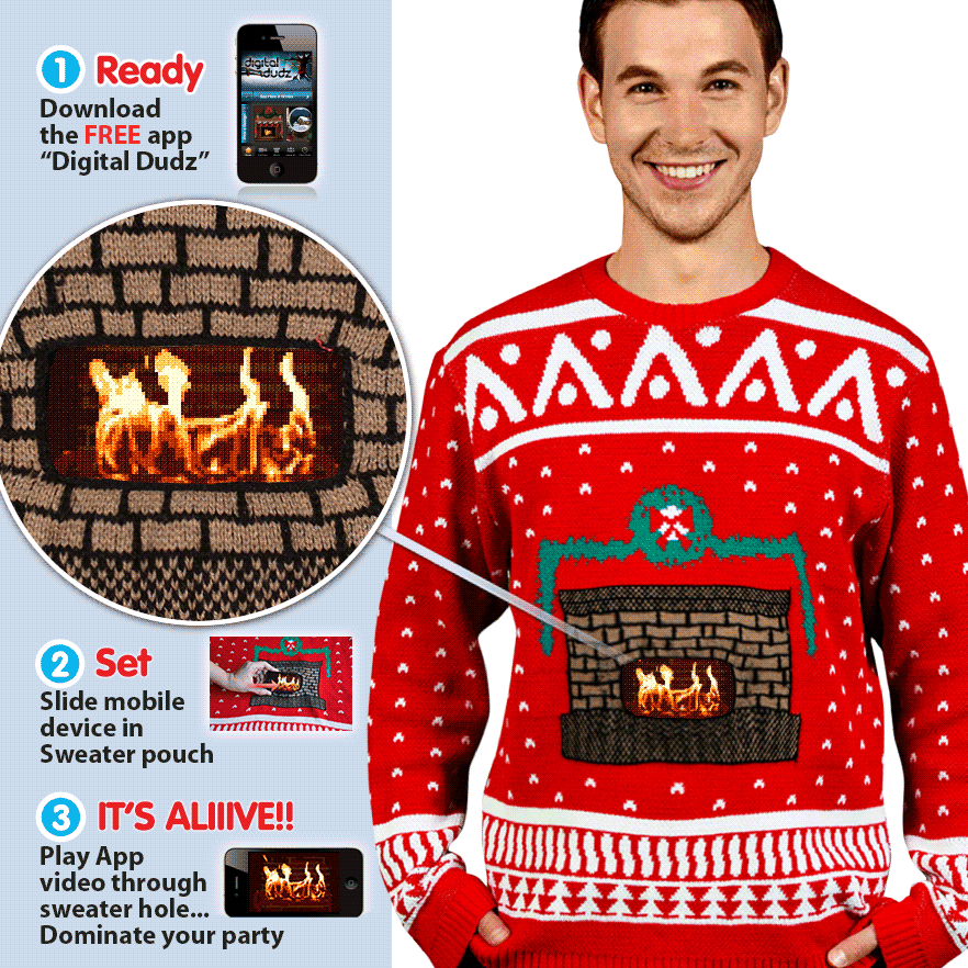 New Spin on a classic - holiday sweater and cellphone combo (Fireplace)