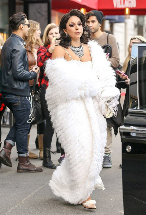 Lady Gaga in a white Helen Yarmak feathered fox coat