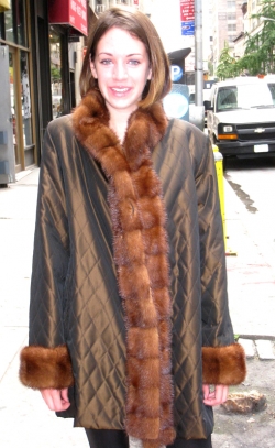 sporty, reversible microfiber 3/4 coat w/ crosscut mink trim (from your coat) on the collar, tuxedo & cuffs. by Henry Cowit Furs in New York City