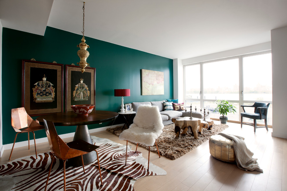 contemporary-home-living-room-green-teal-emerald-walls-paint-zebra-rug-carpet-sheepskin-decor-daux-fur-shop-room-ideas-renovation-before-after-