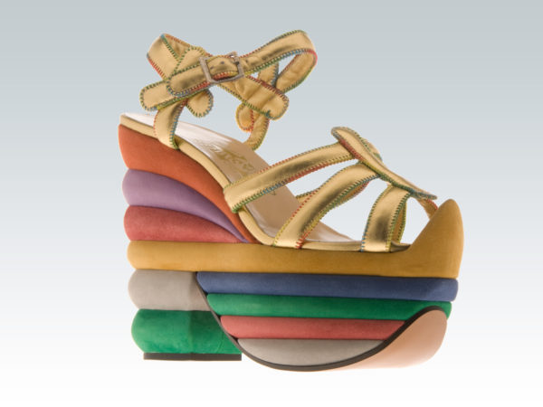 Ferragamo multicolors rainbow exclusive edition of a famous sandal created for Judy Garland featured in the Salvatore Ferragamo exhibit