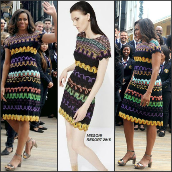 First Lady Michelle Obama arrives at the United States Pavilion at the Milan Expo 2015 on June 18, 2015 wearing a dress by Missoni