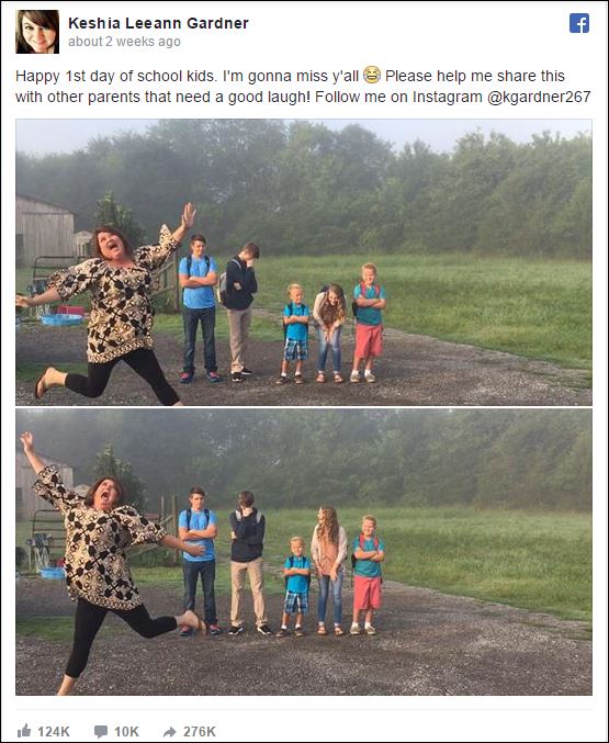 Talk about a happy mom. This post of Keshia Leeann Gardner, of Scottsboro, Alabama, jumping for joy and smiling; while her children in the background sulk