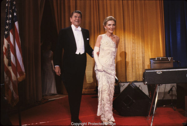 President and First Lady Nancy Reagan in a custom James Galanos gown for the 1981 Inaugural Ball