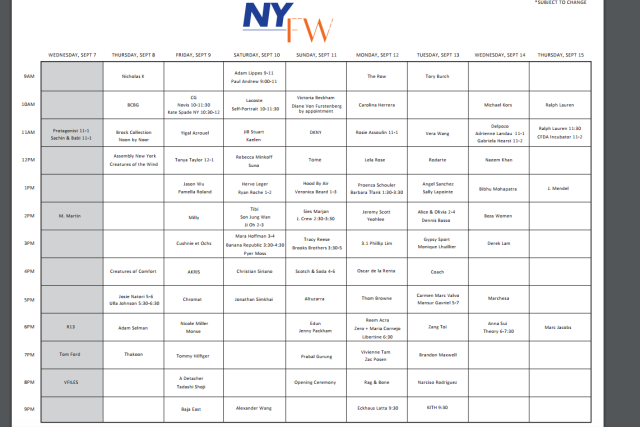 Official NYFW Spring 2017 Show schedule