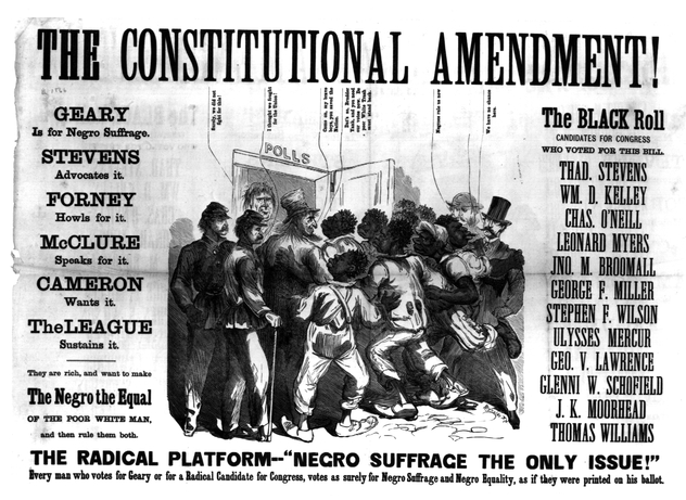 Anti negro Suffrage Bill- A poster rallying white voters to oppose enfranchisement (allowing African Americans to vote)