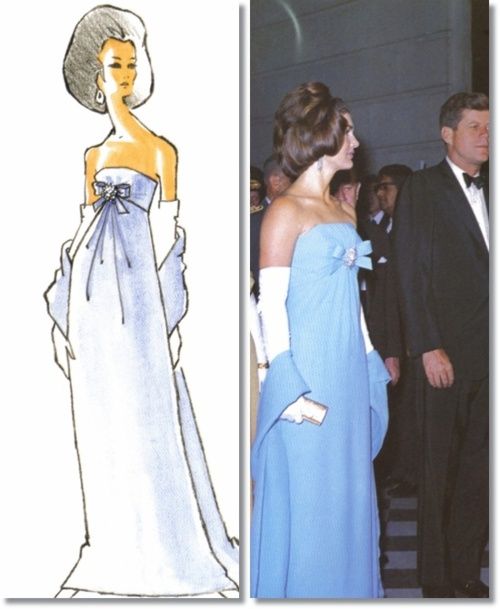 Jackie Kennedy 1962 Oleg Cassini Blue Strapless Dress and Sketch