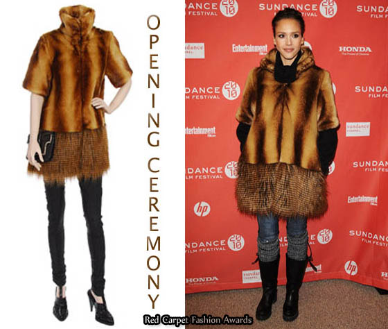 Jessica Alba wearing a statement jacket from Opening Ceremony