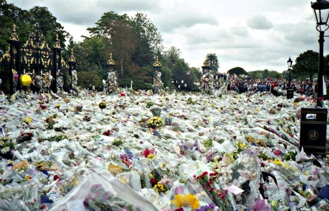 A sea of flowers lay outside the gates to the Palace just a day after the death of Princess Diana