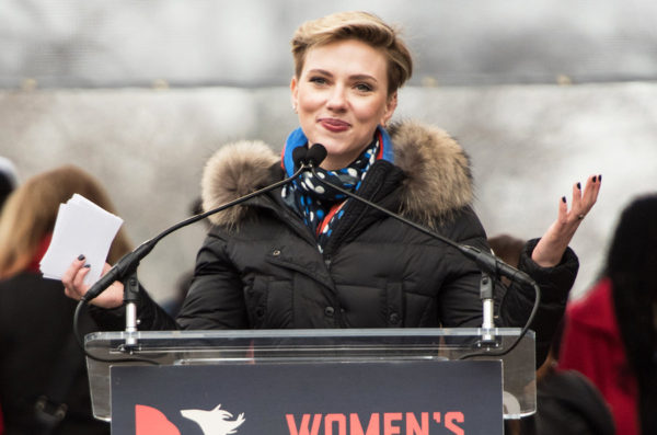 Actress Scarlett Johansson smiles at the Women's March in Washington DC