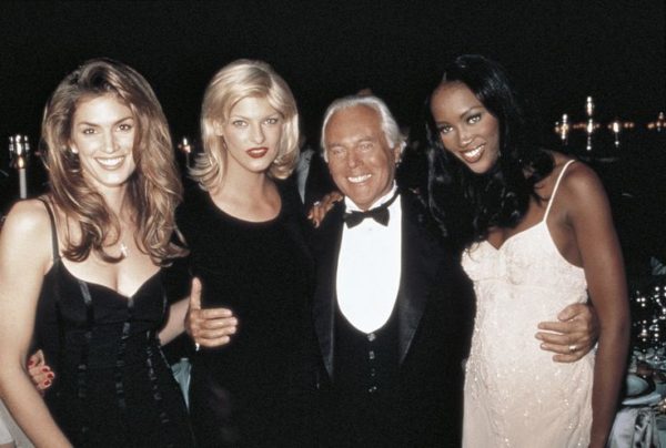 Giorgio Armani with Cindy Crawford, Linda Evangelista and Naomi Campbell.