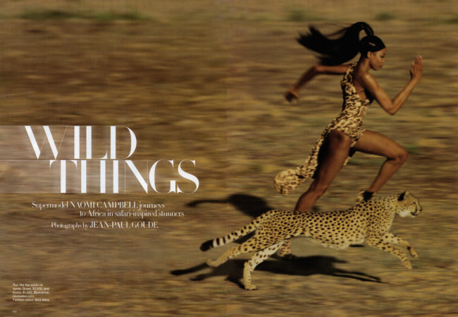 September issue of Harper’s Bazaar is an editorial spread called “Wild Things” featuring Naomi Campbell. Photographed by Jean-Paul Goude, they picture Naomi Campbell running alongside a cheetah in a cheetah-print bodysuit, playing jump rope with monkeys, straddling a crocodile, and, of course, riding an elephant. It feels almost ridiculous to type those photographic scenarios out.