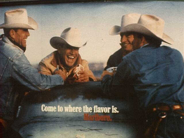 1982 ads like this Marlboro Cowboy ad solidified cowboys with sturdy denim