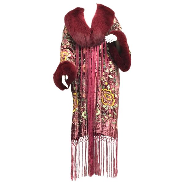 An example of a Adrienne Landau Floral Embroidered Velvet Fox Fringe Kimono Coat Jacket