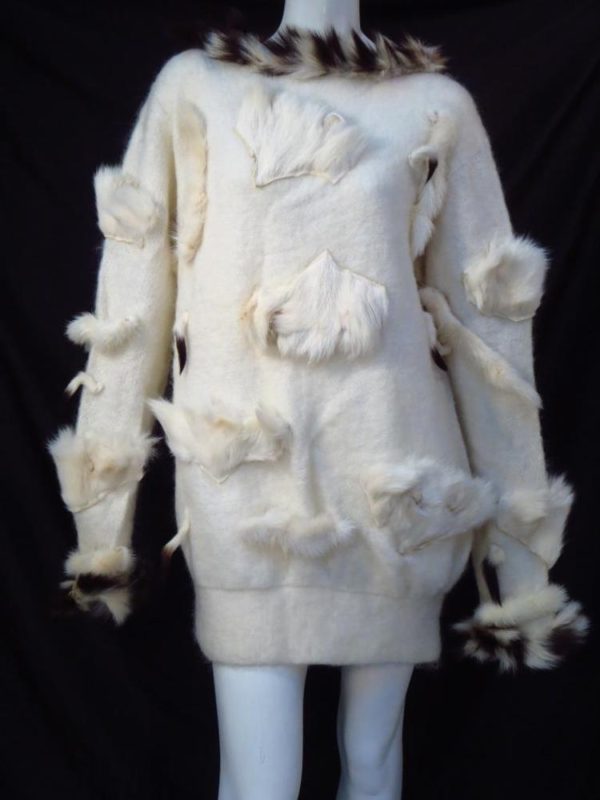 Adrienne Landau Vintage 80's Boho Ivory Wool Fur Sweater Dress