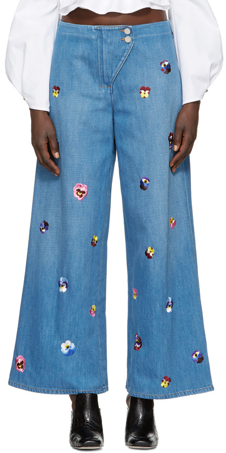 Christopher Kane pansy embroidered wide-leg luxury fashion denim Spring 2017