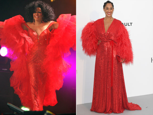 Tracee Ellis Ross channeled her mother Diana Ross is a crimson sequins gown with dramatic marabo feathered sleeves from Jenny Packham at Cannes Film Festival 2017