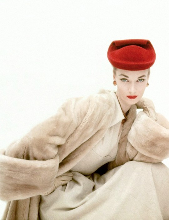 Iconic image by American Vogue photographer Clifford Coffin (1913-1972) featuring a blonde mink Balenciaga coat