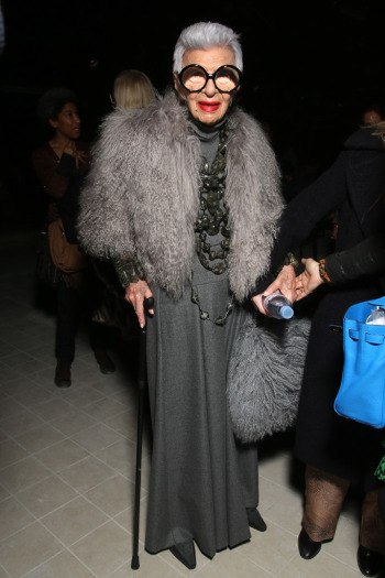 Iris Apfel showing her age appropriate style at the Dries Van Noten Fall 2016 fashion