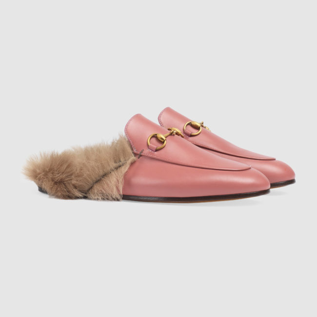 Furry footwear GUCCI Men's Princetown leather and lamb fur slippers in pink leather