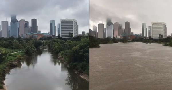 A startling photo showing Houston before and after Hurricane Harvey tore through parts of the region