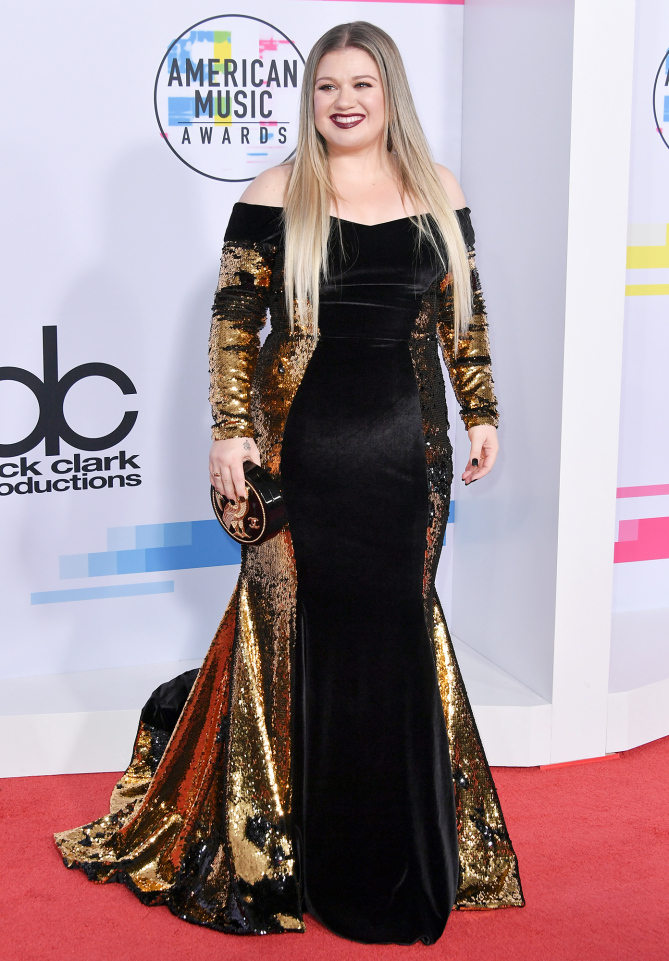 Kelly Clarkson in Christian Siriano gown that had a somewhat distracting gold elements down the side... jury is still out at 2017 American Music Awards