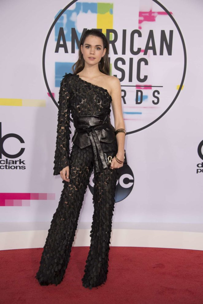 Maia Mitchell in a stunning floral applique one-shoulder Alberto Audenino jumpsuit at the 2017 American Music Awards