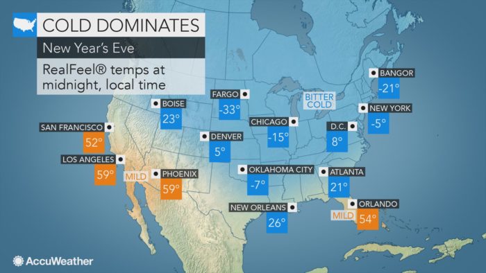 Forecasted national temperatures for New Year's Eve