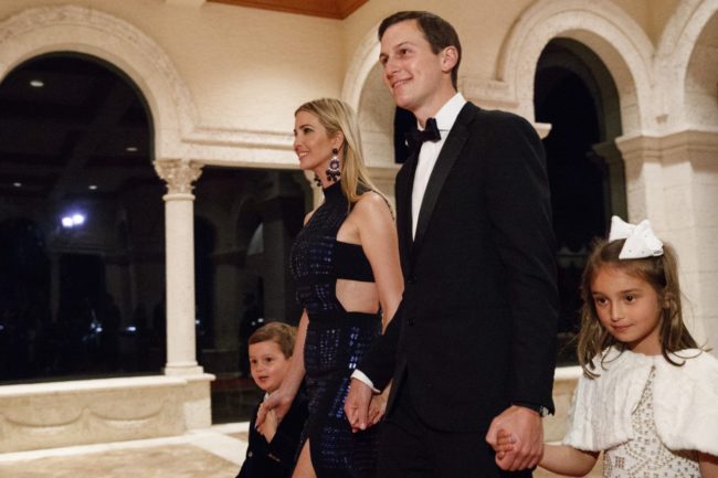 White House senior advisers Ivanka Trump and Jared Kushner arrive with their children