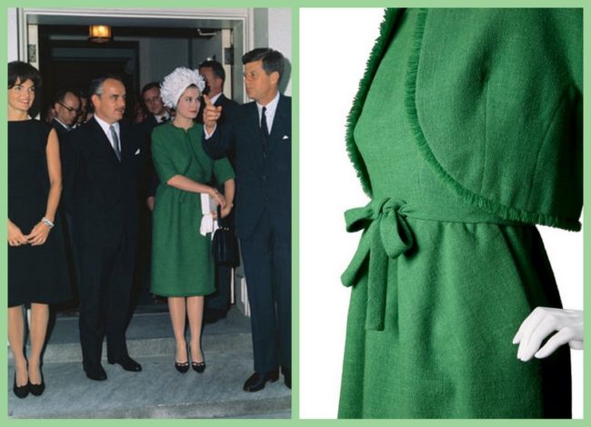 Grace Kelly and Jacqueline Kennedy during a visit of the Prince of Monaco to the White House. Grace Kelly wears a green dress by Hubert de Givenchy.