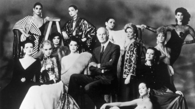FRANCE - APRIL 27: The French fashion designer Hubert de GIVENCHY posing with his models, wearing the creations he made since 1952. (Photo by Keystone-France/Gamma-Keystone via Getty Images)