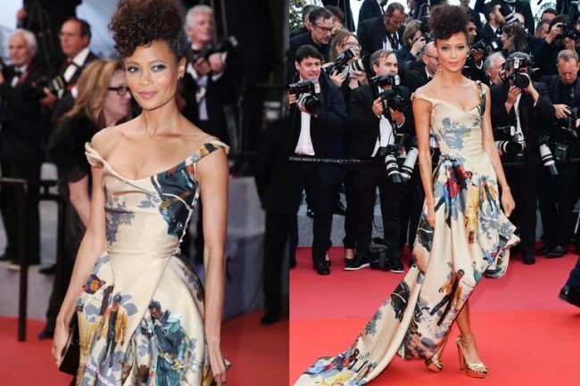 Thandie Newton, wearing a custom Vivienne Westwood gown, was the first black actress to have a leading role in a Star Wars franchise film- dress made with all black Star Wars characters at the 2018 Cannes Film Festival