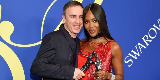 Raf Simons and Naomi Campbell in Calvin Klein at the 2018 CFDA Awards in New