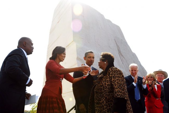 Aretha Franklin in 2011 with President Barack and Michelle Obama at the opening of the Martin Luther King Jr. Memorial located in downtown Washington, D.C. The memorial honors Martin Luther King, Jr.'s legacy and the struggle for freedom, equality, and justice.