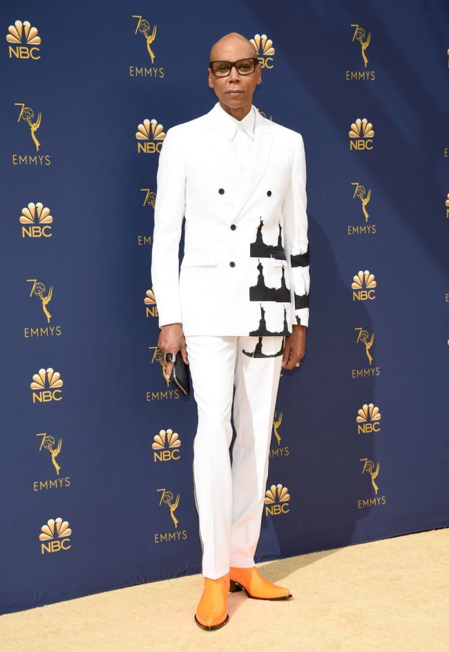 Ru Paul working it in a sleek double-breasted Calvin 205W39NYC suit at 2018 Emmy Awards