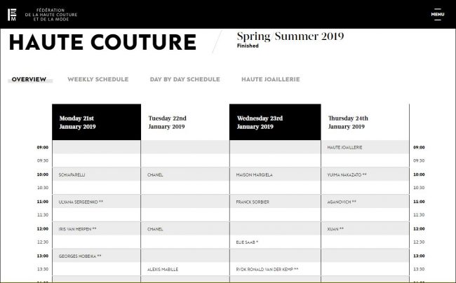 Haute Couture Spring 2019 schedule