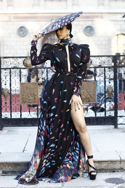 Cardi B Wears Michael Costello Look at Paris Fashion Week