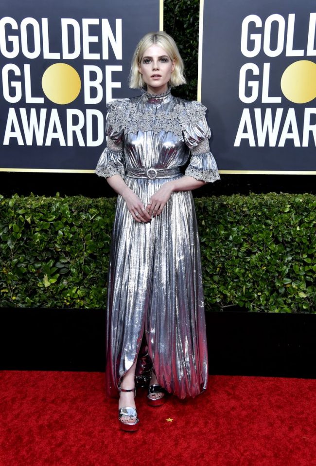 Lucy Boynton in this hideous Louis Vuitton at 2020 Golden Globes